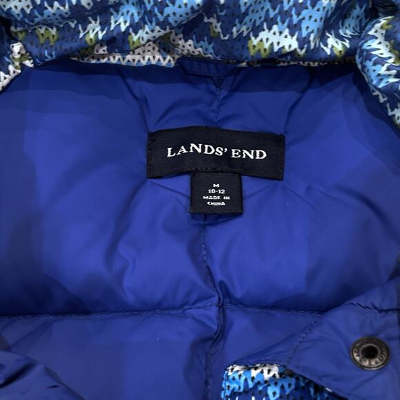 Land's End Women’s Medium Puffer Vest Blue Fair Isle Print Goose Down & Feathers - Picture 4 of 5